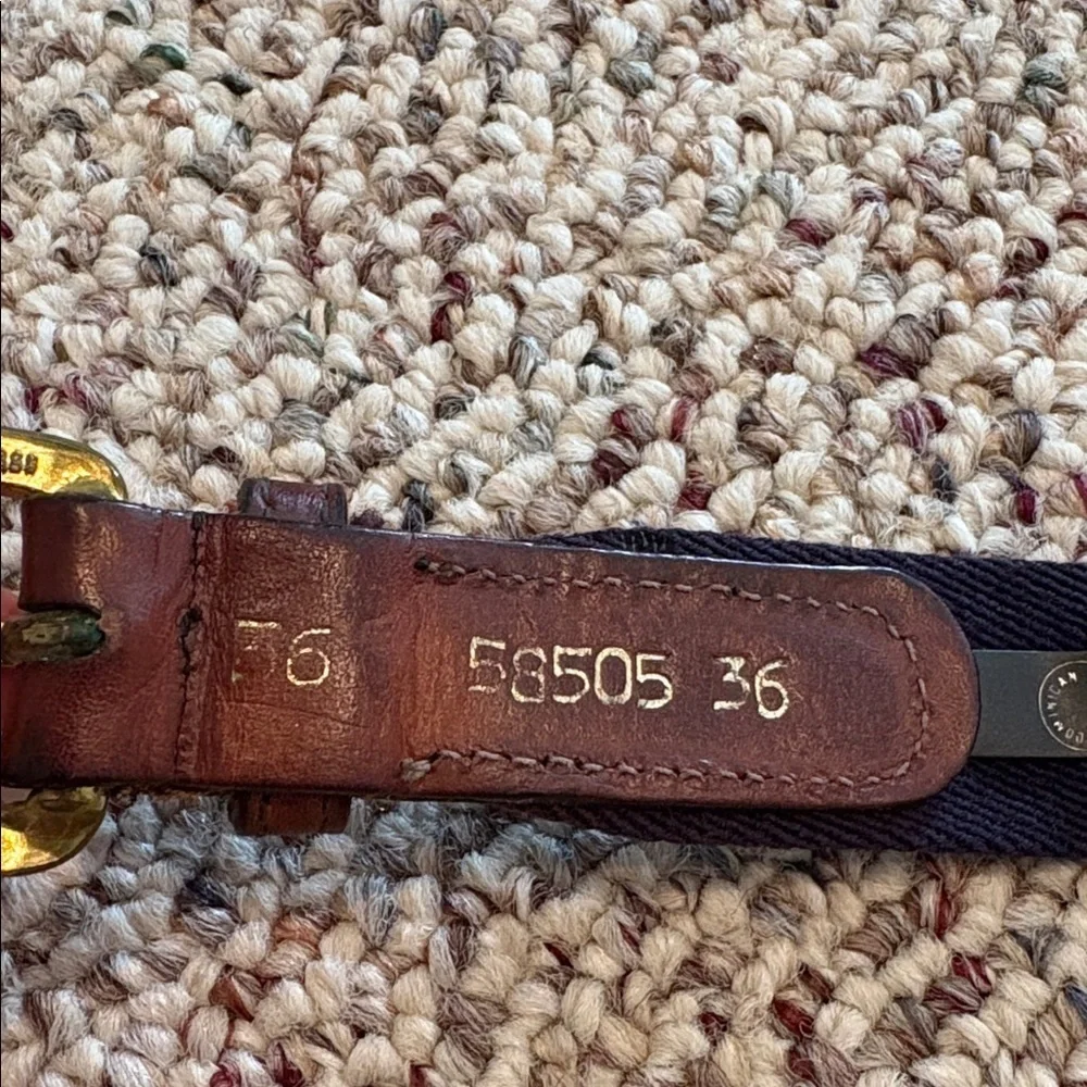 Vintage Brown and Navy Belt with Brass Buckle. Fabric & Leather. 36